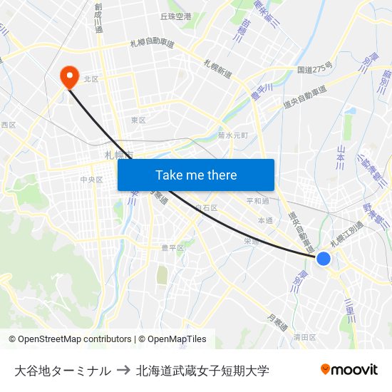 大谷地ターミナル to 北海道武蔵女子短期大学 map