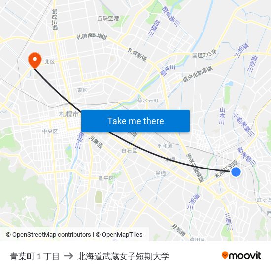 青葉町１丁目 to 北海道武蔵女子短期大学 map