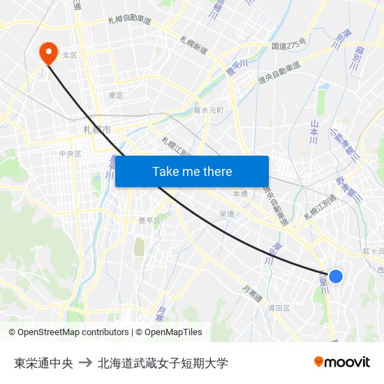 東栄通中央 to 北海道武蔵女子短期大学 map