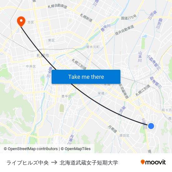 ライブヒルズ中央 to 北海道武蔵女子短期大学 map