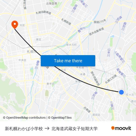 新札幌わかば小学校 to 北海道武蔵女子短期大学 map