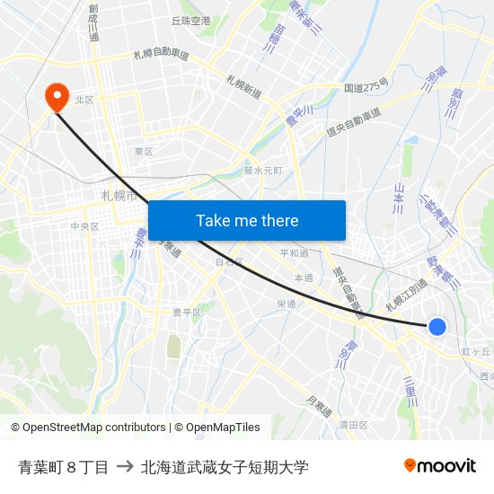 青葉町８丁目 to 北海道武蔵女子短期大学 map