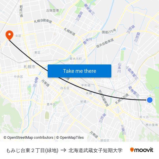 もみじ台東２丁目(緑地) to 北海道武蔵女子短期大学 map