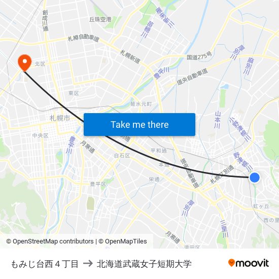 もみじ台西４丁目 to 北海道武蔵女子短期大学 map