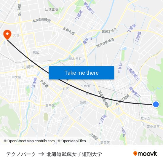 テクノパーク to 北海道武蔵女子短期大学 map