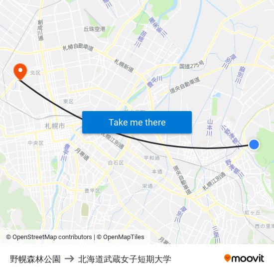 野幌森林公園 to 北海道武蔵女子短期大学 map