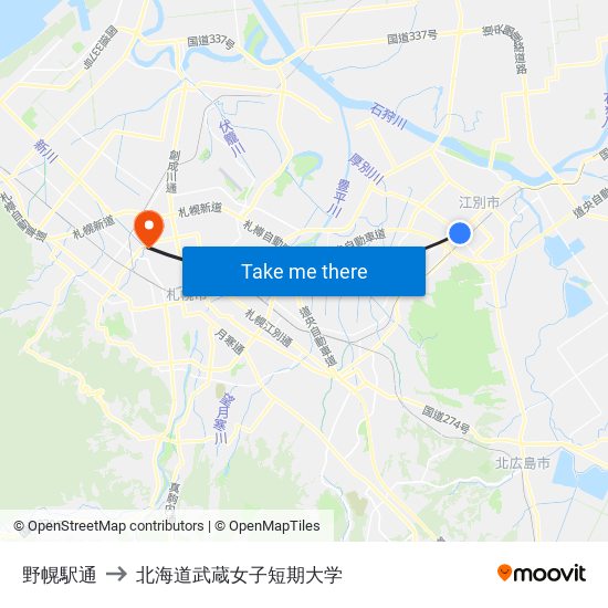 野幌駅通 to 北海道武蔵女子短期大学 map