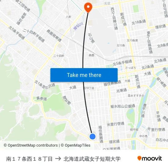 南１７条西１８丁目 to 北海道武蔵女子短期大学 map