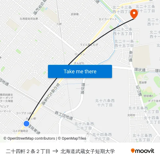 二十四軒２条２丁目 to 北海道武蔵女子短期大学 map
