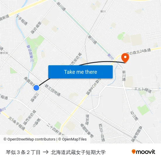 琴似３条２丁目 to 北海道武蔵女子短期大学 map