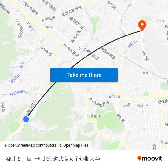 福井８丁目 to 北海道武蔵女子短期大学 map