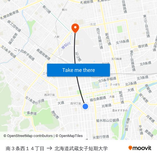 南３条西１４丁目 to 北海道武蔵女子短期大学 map