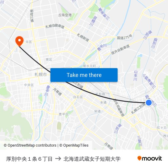 厚別中央１条６丁目 to 北海道武蔵女子短期大学 map