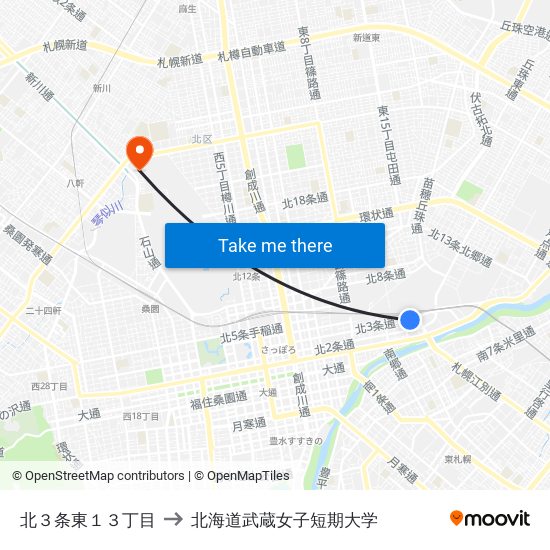 北３条東１３丁目 to 北海道武蔵女子短期大学 map