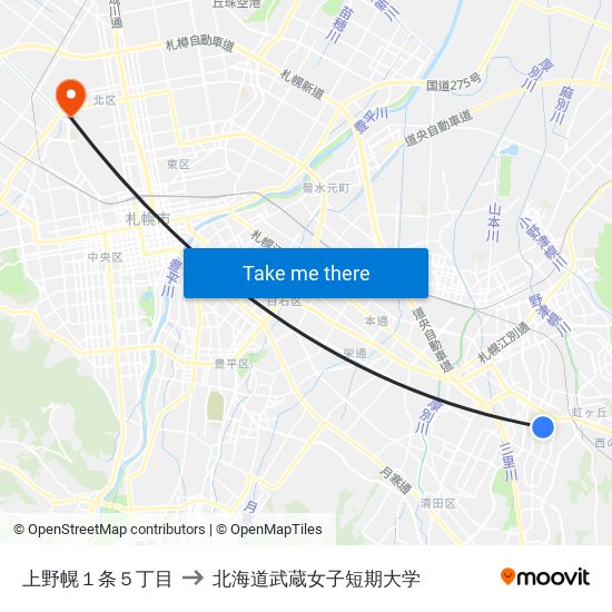 上野幌１条５丁目 to 北海道武蔵女子短期大学 map