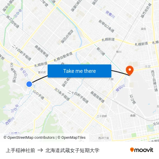 上手稲神社前 to 北海道武蔵女子短期大学 map