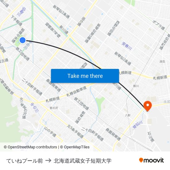 ていねプール前 to 北海道武蔵女子短期大学 map