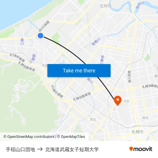 手稲山口団地 to 北海道武蔵女子短期大学 map