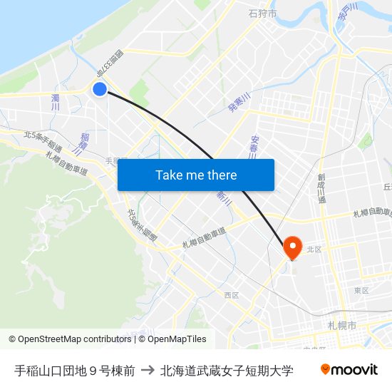 手稲山口団地９号棟前 to 北海道武蔵女子短期大学 map