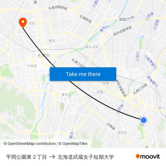 平岡公園東２丁目 to 北海道武蔵女子短期大学 map