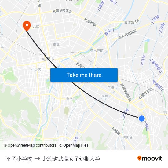 平岡小学校 to 北海道武蔵女子短期大学 map