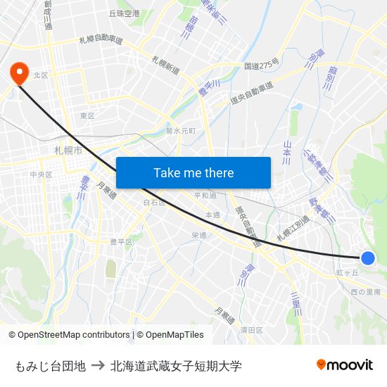 もみじ台団地 to 北海道武蔵女子短期大学 map