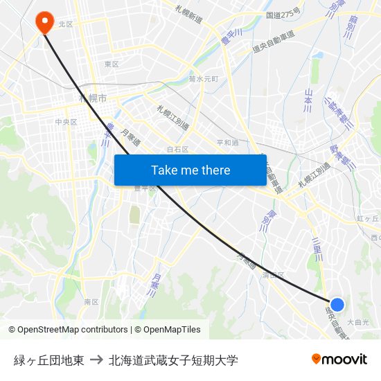 緑ヶ丘団地東 to 北海道武蔵女子短期大学 map