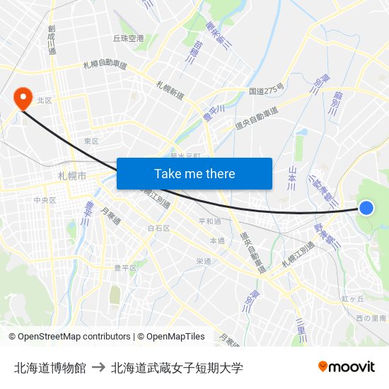北海道博物館 to 北海道武蔵女子短期大学 map