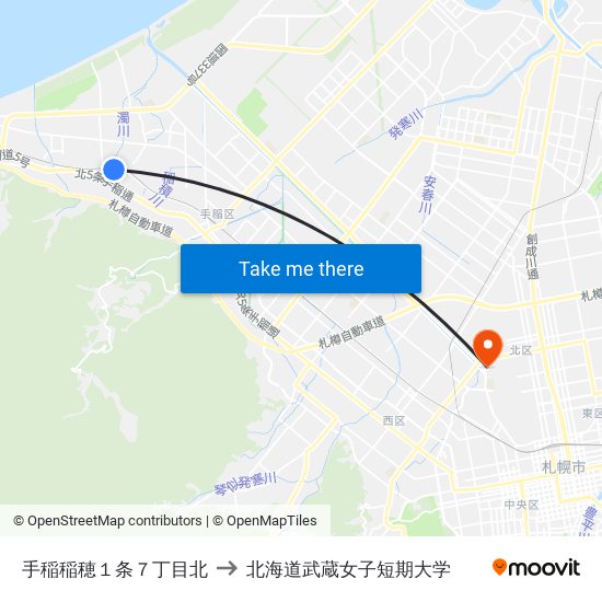 手稲稲穂１条７丁目北 to 北海道武蔵女子短期大学 map