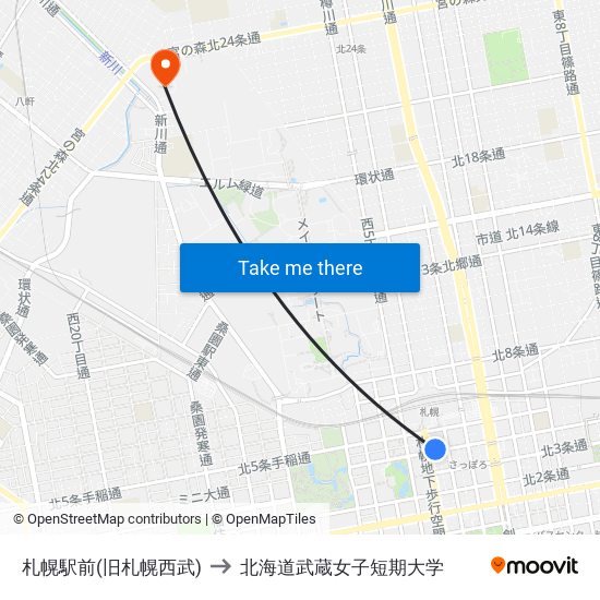 札幌駅前(旧札幌西武) to 北海道武蔵女子短期大学 map