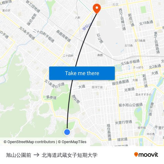 旭山公園前 to 北海道武蔵女子短期大学 map