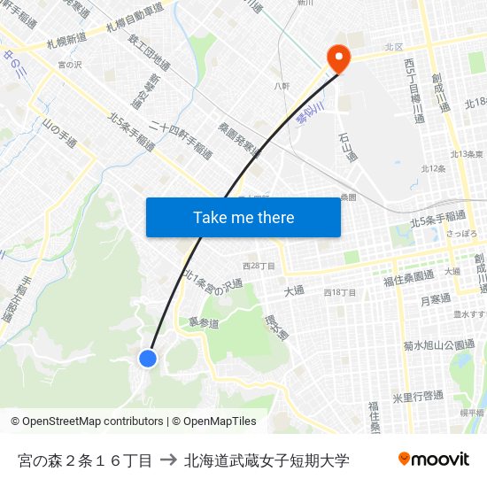 宮の森２条１６丁目 to 北海道武蔵女子短期大学 map