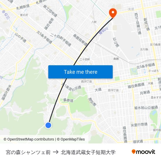 宮の森シャンツェ前 to 北海道武蔵女子短期大学 map