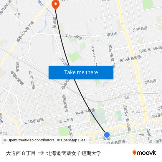 大通西８丁目 to 北海道武蔵女子短期大学 map