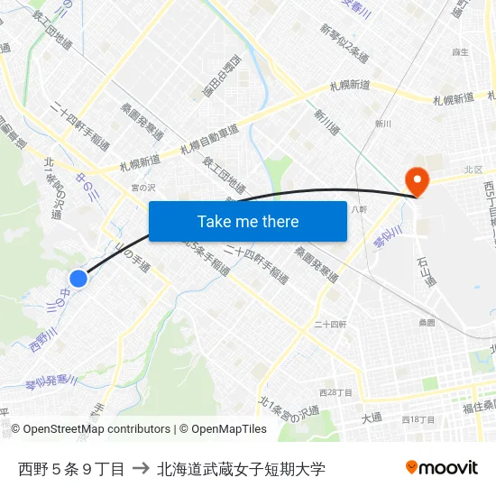 西野５条９丁目 to 北海道武蔵女子短期大学 map