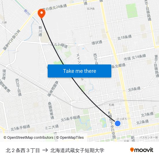 北２条西３丁目 to 北海道武蔵女子短期大学 map