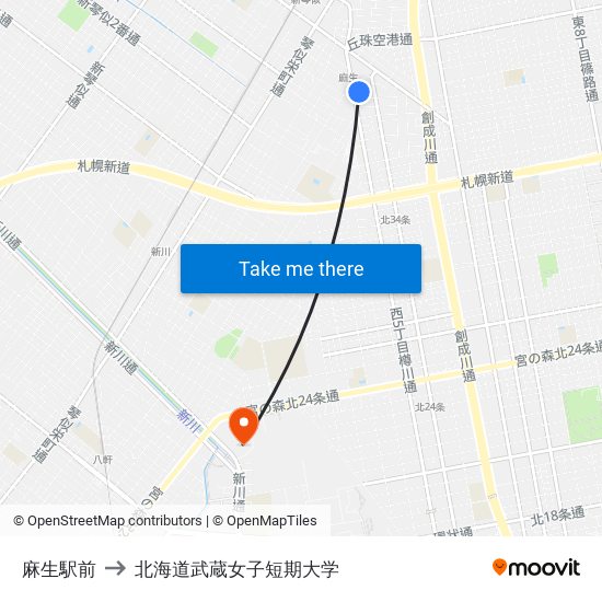 麻生駅前 to 北海道武蔵女子短期大学 map