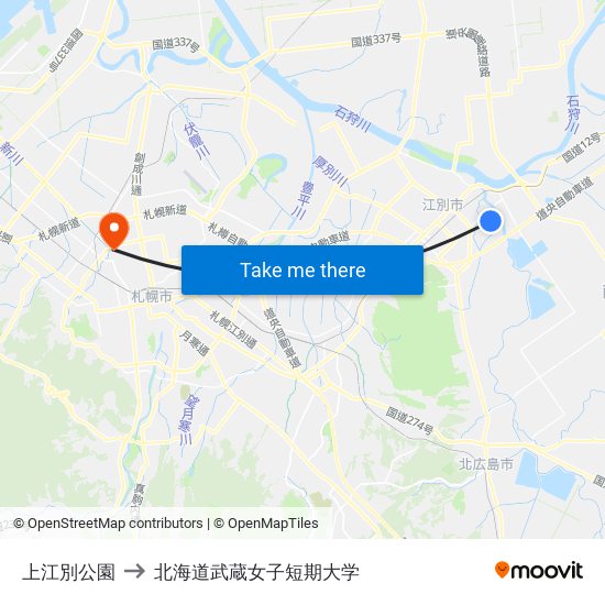 上江別公園 to 北海道武蔵女子短期大学 map