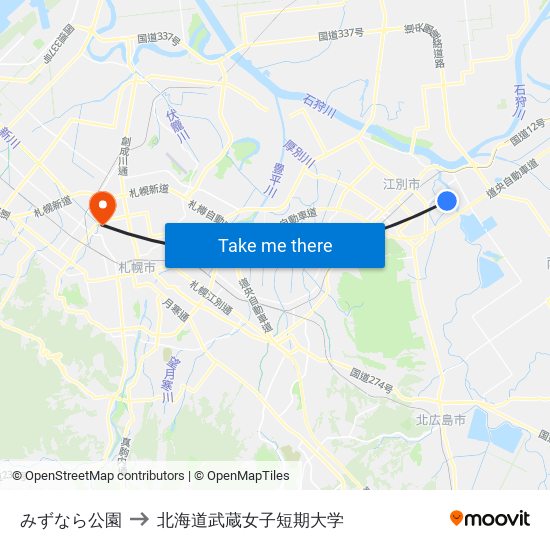 みずなら公園 to 北海道武蔵女子短期大学 map