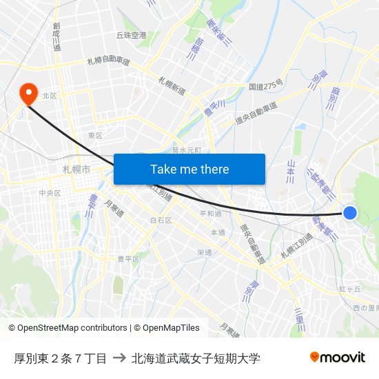 厚別東２条７丁目 to 北海道武蔵女子短期大学 map