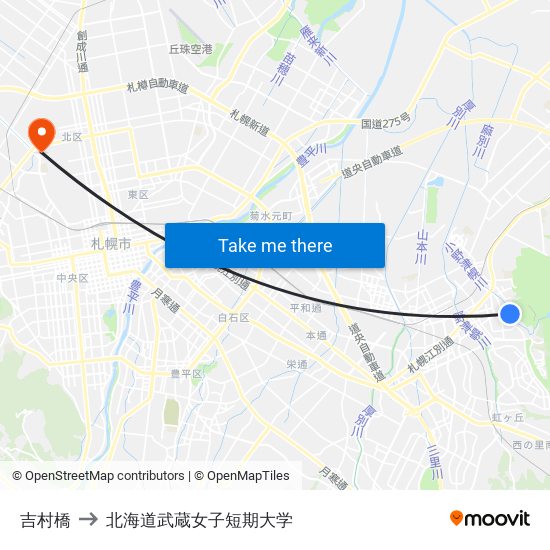 吉村橋 to 北海道武蔵女子短期大学 map