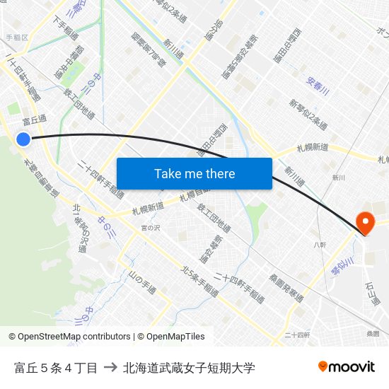 富丘５条４丁目 to 北海道武蔵女子短期大学 map
