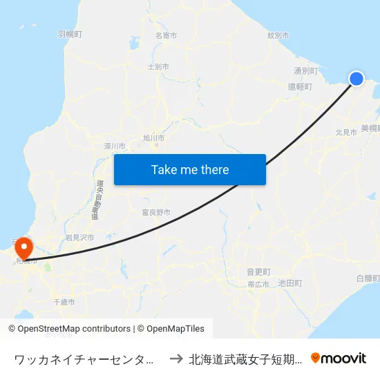 ワッカネイチャーセンター入口 to 北海道武蔵女子短期大学 map