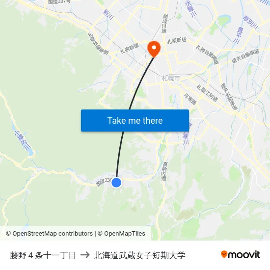 藤野４条十一丁目 to 北海道武蔵女子短期大学 map