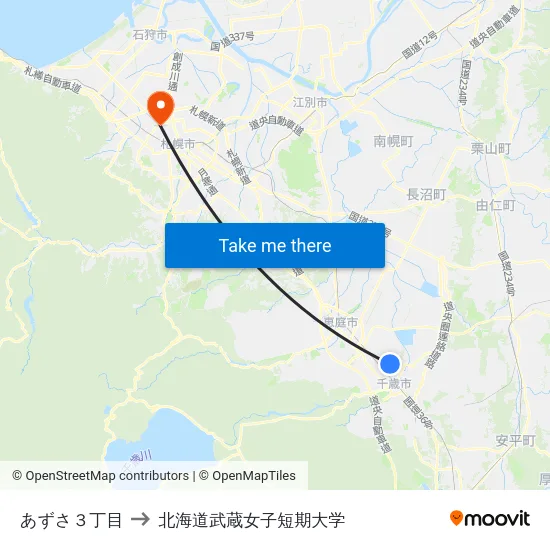 あずさ３丁目 to 北海道武蔵女子短期大学 map