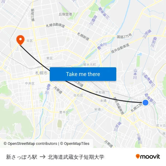 新さっぽろ駅 to 北海道武蔵女子短期大学 map