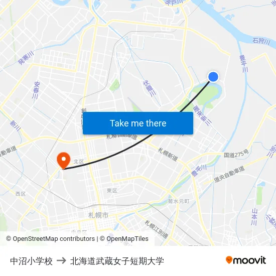 中沼小学校 to 北海道武蔵女子短期大学 map
