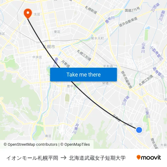 イオンモール札幌平岡 to 北海道武蔵女子短期大学 map