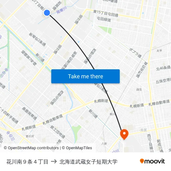 花川南９条４丁目 to 北海道武蔵女子短期大学 map