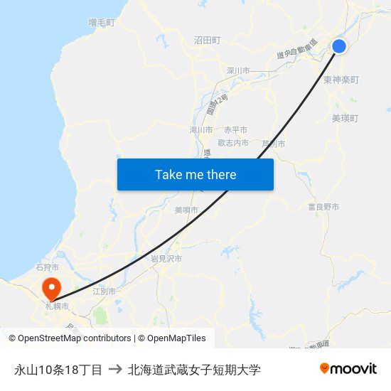 永山10条18丁目 to 北海道武蔵女子短期大学 map